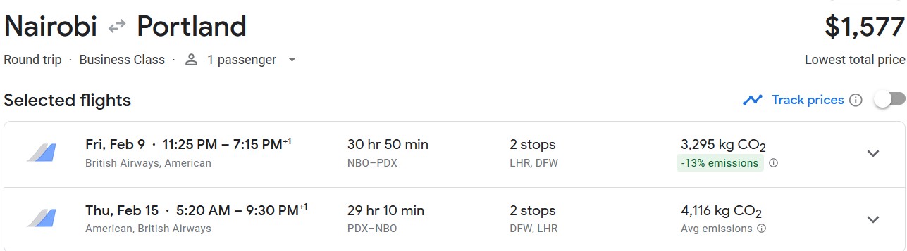 Click here to book this cheap flight deal. Business Class flights from Nairobi, Kenya to Portland, Oregon for only $1577 roundtrip with American Airlines and British Airways. Flight deal ticket image.