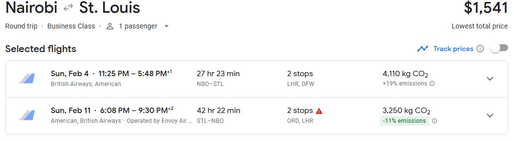 Business Class, summer flights from Nairobi, Kenya to St. Louis or Tampa, USA from only $1541 USD roundtrip with British Airways and American Airlines. Flight deal ticket image.