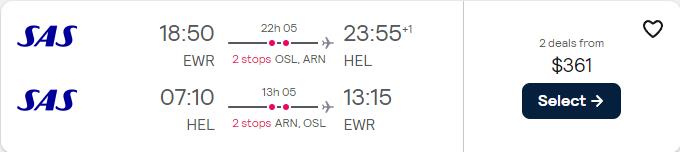 Cheap flights from New York to Helsinki, Finland for only $361 roundtrip with Scandinavian Airlines. Flight deal ticket image.