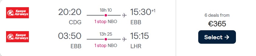 Click here to book this cheap flight deal. Open-jaw flights from Paris, France to Entebbe, Uganda returning to London, UK for only €365 with Air France. Flight deal ticket image.