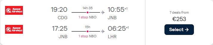Click here to book this cheap flight deal. Open-jaw flights from European cities to Africa returning to London, UK from only €253. Flight deal ticket image.