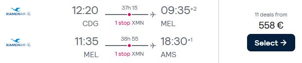 Open-jaw flights from Paris, France to Melbourne, Australia returning to Amsterdam, Netherlands for only €558 with Xiamen Airlines. Flight deal ticket image.