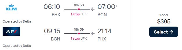 Cheap flights from Phoenix, Arizona to Barcelona or Madrid, Spain from only $395 roundtrip with Delta Air Lines. Flight deal ticket image.