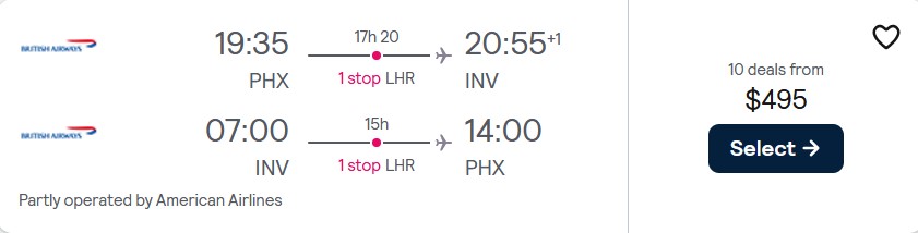 Cheap flights from Phoenix, Arizona to Inverness, Scotland for only $495 roundtrip with British Airways and American Airlines. Flight deal ticket image.