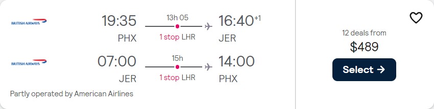 Cheap flights from Phoenix, Arizona to Jersey, UK for only $489 roundtrip with American Airlines and British Airways. Flight deal ticket image.