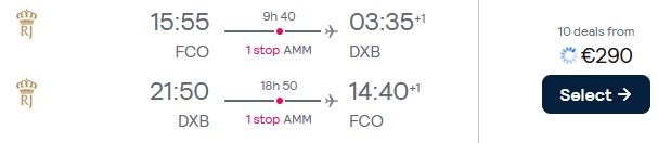 Cheap flights from Rome, Italy to Dubai, UAE for only €290 roundtrip. Flight deal ticket image.