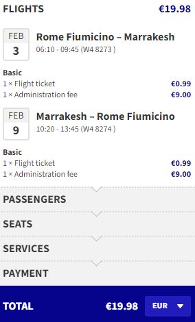 Click here to book this cheap flight deal. Non-stop flights from Rome, Italy to Marrakesh, Morocco for only €19 roundtrip. Flight deal ticket image.