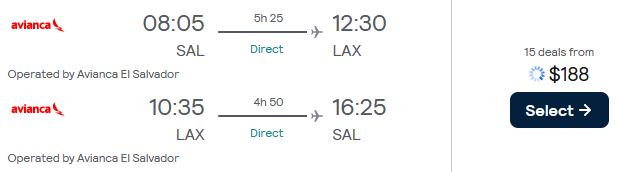 Non-stop flights from San Salvador, El Salvador to Los Angeles, USA for only $188 USD roundtrip. Flight deal ticket image.