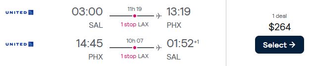Cheap flights from San Salvador, El Salvador to Phoenix, Arizona for only $264 USD roundtrip with United Airlines. Flight deal ticket image.