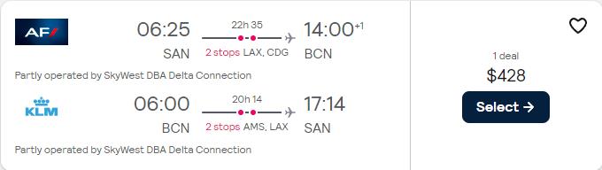 Click here to book this cheap flight deal. Cheap flights from Western USA to Spanish cities from only $428 roundtrip with Delta Air Lines, Air France and KLM. Flight deal ticket image.