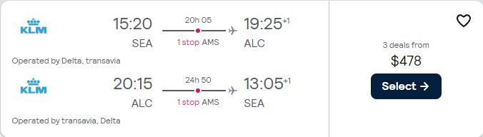 Click here to book this cheap flight deal. Cheap flights from Seattle to Alicante, Spain for only $478 roundtrip with Delta Air Lines. Flight deal ticket image.