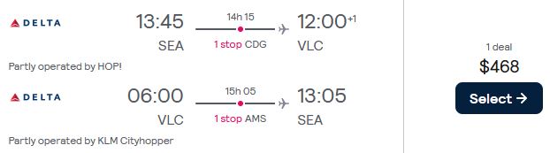 Cheap flights from Seattle to Valencia, Spain for only $468 roundtrip with Air France. Flight deal ticket image.