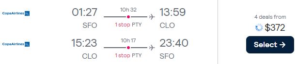 Cheap flights from San Francisco to Cali, Colombia for only $372 roundtrip with Copa Airlines. Flight deal ticket image.
