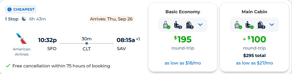 Non-stop flights from San Francisco to Savannah, Georgia for only $195 roundtrip with American Airlines. Also works in reverse. Flight deal ticket image.