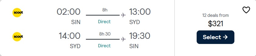Non-stop flights from Singapore to Sydney, Australia for only $321 USD roundtrip. Flight deal ticket image.