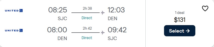 Non-stop flights from San Jose, California to Denver, Colorado for only $131 roundtrip with United Airlines. Also works in reverse. Flight deal ticket image.