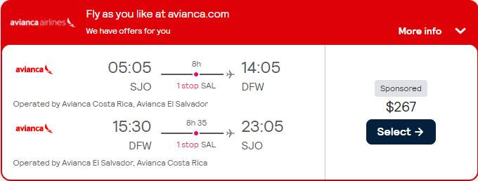 Cheap flights from San Jose, Costa Rica to Dallas, Texas for only $267 USD roundtrip with Avianca. Flight deal ticket image.