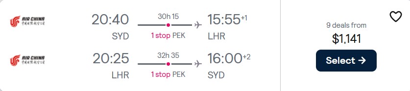 Cheap flights from Sydney or Melbourne, Australia to London, UK from only $1141 AUD roundtrip. Flight deal ticket image.
