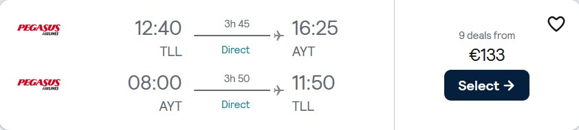 Non-stop flights from Tallinn, Estonia to Antalya, Turkey for only €133 roundtrip. Flight deal ticket image.