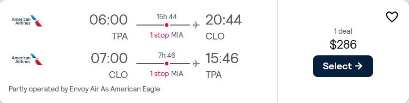 Cheap flights from Tampa, Florida to Cali, Colombia for only $286 roundtrip with American Airlines. Flight deal ticket image.