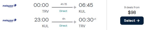Non-stop flights from Thiruvananthapuram, India to Kuala Lumpur, Malaysia for only $98 USD roundtrip with Malaysia Airlines. Flight deal ticket image.