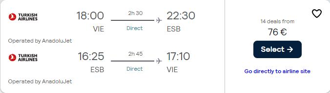 Non-stop flights from Vienna, Austria to Ankara, Turkey for only €76 roundtrip. Flight deal ticket image.