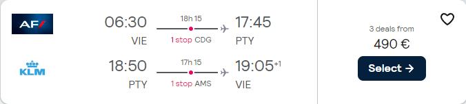 Cheap flights from Vienna, Austria to Panama City, Panama for only €490 roundtrip with Air France and KLM. Flight deal ticket image.