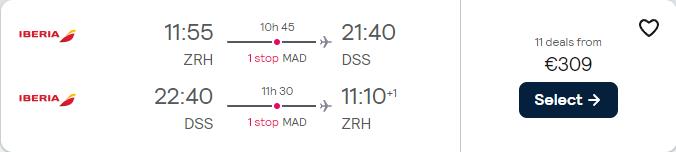 Cheap flights from Zurich, Switzerland to Dakar, Senegal for only €309 roundtrip with Iberia. Flight deal ticket image.