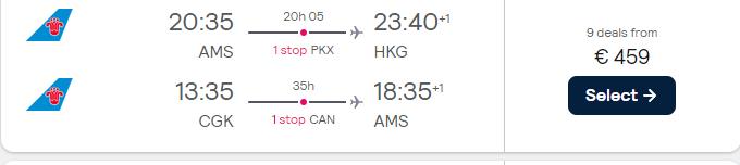 Open-jaw flights from Amsterdam, Netherlands to Hong Kong returning from Jakarta, Indonesia for only €461 roundtrip. Flight deal ticket image.