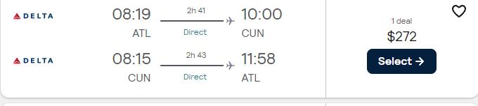 Non-stop flights from Atlanta to Cancun, Mexico for only $272 roundtrip with Delta Air Lines. Flight deal ticket image.