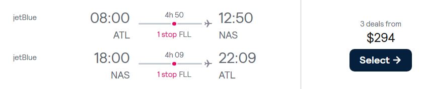 Cheap flights from Atlanta to the Bahamas for only $294 roundtrip with JetBlue. Flight deal ticket image.
