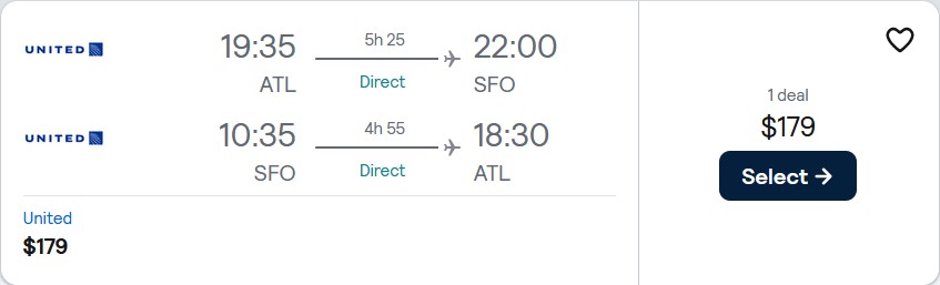 Non-stop flights from Atlanta to San Francisco for only $179 roundtrip with United Airlines. Also works in reverse. Flight deal ticket image.