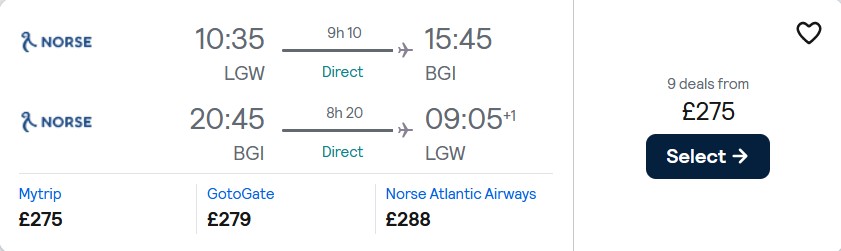Non-stop, last minute flights from London, UK to Barbados for only £275 roundtrip. Flight deal ticket image.