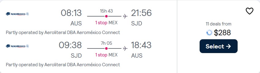 Cheap flights from Austin, Texas to San Jose del Cabo, Mexico for only $288 roundtrip with Aeromexico. Flight deal ticket image.