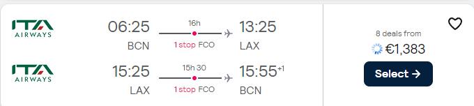 Business Class flights from Barcelona or Madrid, Spain to Los Angeles, USA from only €1383 roundtrip. Flight deal ticket image.