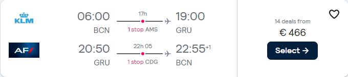 Click here to book this cheap flight deal. Cheap flights from Barcelona or Bilbao, Spain to Sao Paulo, Brazil from only €466 roundtrip with KLM and Air France. Flight deal ticket image.