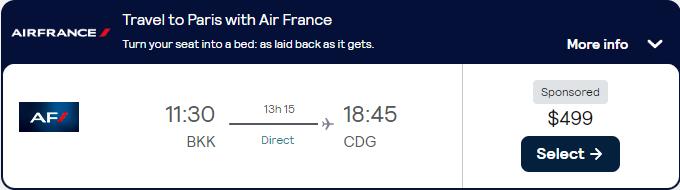 Error Fare Business Class flights from Bangkok, Thailand to Paris, France for only $499 USD one-way with Air France. Flight deal ticket image.