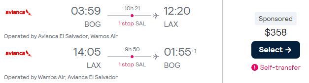 Summer flights from Bogota, Colombia to Los Angeles, USA for only $358 USD roundtrip with Avianca. Flight deal ticket image.