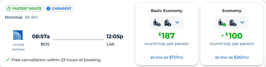 Non-stop flights from Boston to Los Angeles for only $187 roundtrip with United Airlines. Also works in reverse. Flight deal ticket image.