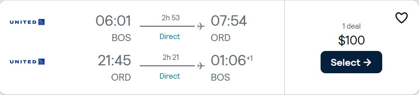 Non-stop flights from Boston to Chicago for only $100 roundtrip with United Airlines. Also works in reverse. Flight deal ticket image.