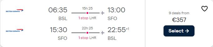 Cheap flights from Swiss cities to San Francisco, USA from only €357 roundtrip with British Airways. Flight deal ticket image.