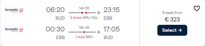Click here to book this cheap flight deal. Cheap flights from Budapest, Hungary to Entebbe, Uganda for only €323 roundtrip with Brussels Airlines. Flight deal ticket image.