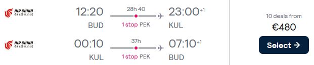 Cheap flights from Budapest, Hungary to Kuala Lumpur, Malaysia for only €480 roundtrip. Flight deal ticket image.