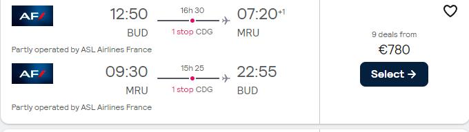 Premium Economy flights from Budapest, Hungary to Mauritius for only €780 roundtrip with Air France. Flight deal ticket image.