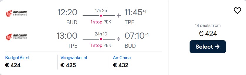 Cheap flights from Budapest, Hungary to Taipei, Taiwan for only €424 roundtrip. Flight deal ticket image.