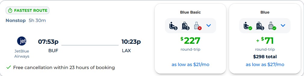 Non-stop flights from Buffalo to Los Angeles for only $227 roundtrip with JetBlue Airways. Also works in reverse. Flight deal ticket image.