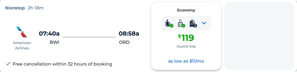 Non-stop flights from Baltimore to Chicago for only $119 roundtrip with American Airlines. Also works in reverse. Flight deal ticket image.