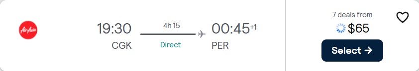 Click here to book this cheap flight deal. Non-stop, last minute flights from Jakarta, Indonesia to Perth, Australia for only $65 USD one-way. Flight deal ticket image.