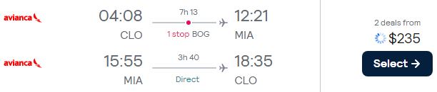 Summer flights from Cali, Colombia to Miami, USA for only $235 USD roundtrip with Avianca. Flight deal ticket image.