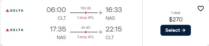 Summer flights from Charlotte, North Carolina to the Bahamas for only $270 roundtrip with Delta Air Lines. Flight deal ticket image.